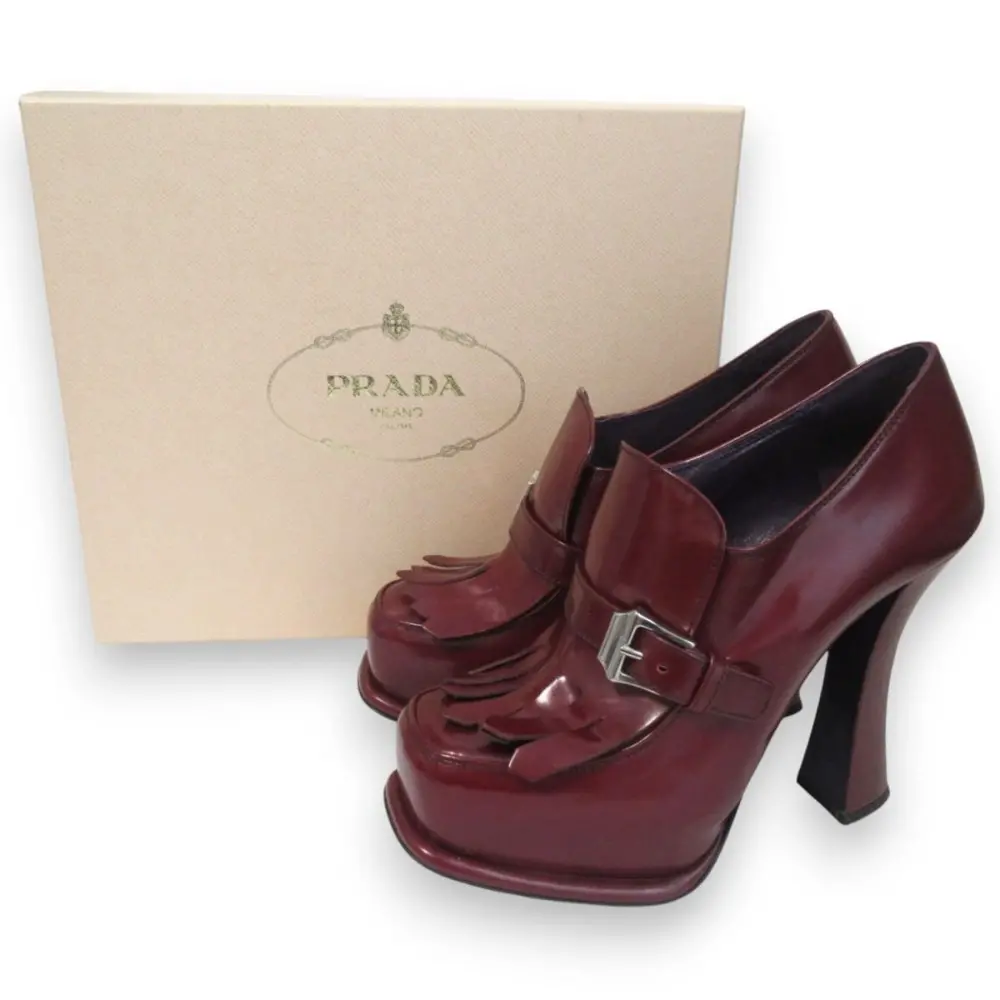 PRADA プラダ レザー タッセル キルト スクエアトゥ ハイヒール ローファー パンプス 38.5 約25.5cm レッド系