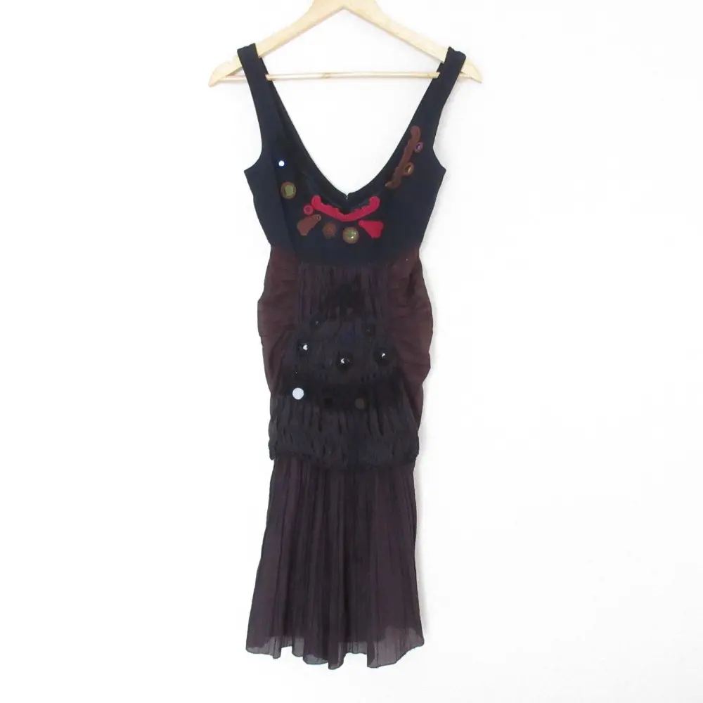 PRADA プラダ エンブロイダリー ノースリーブ シルクワンピース 40 ネイビー ブラウン