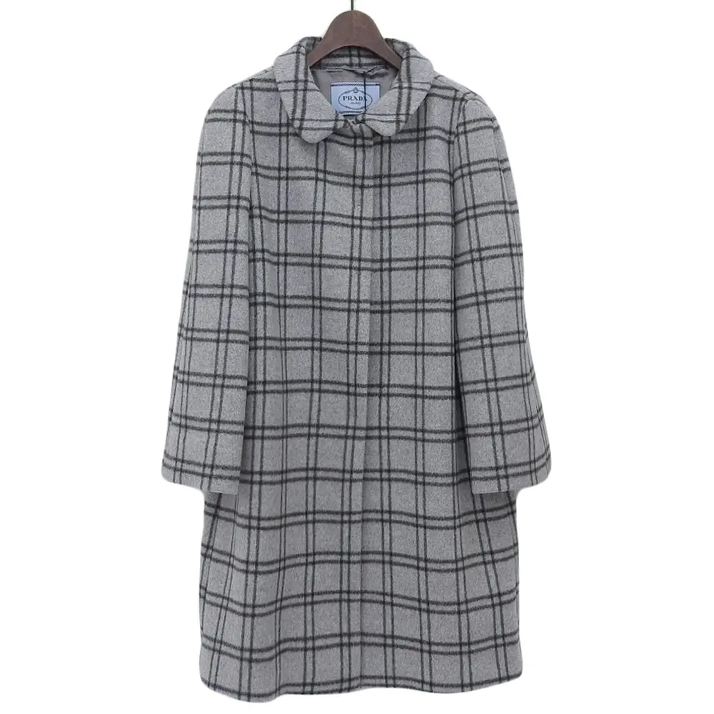 PRADA プラダ ウール100% チェック柄 オーバーサイズ ステンカラーコート 42 グレー