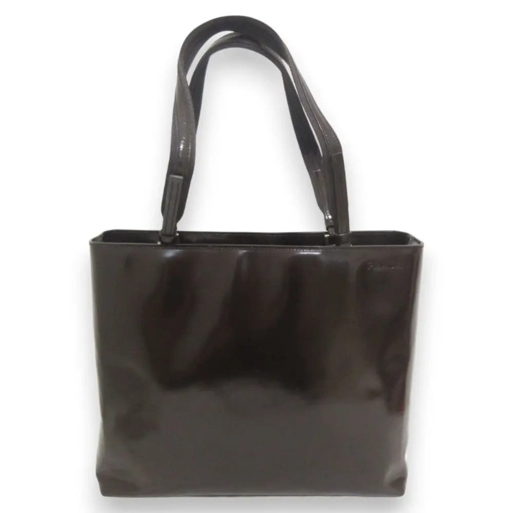 PRADA プラダ ヴィンテージ ガラス加工 エナメル レザー ロゴ刻印 スクエア トートバッグ ブラウン系