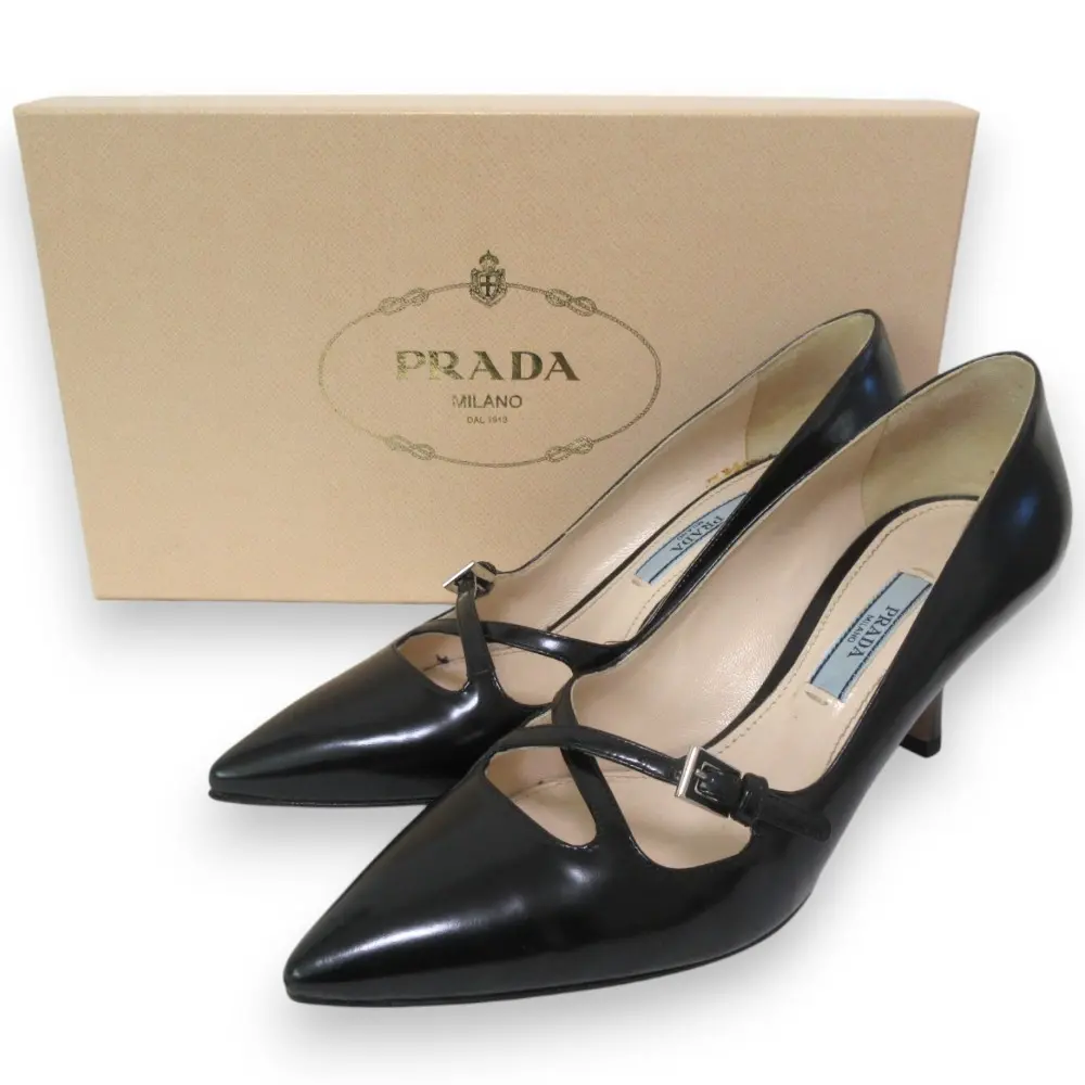 PRADA プラダ SPAZZOLATO レザー ポインテッドトゥ クロスストラップ パンプス 35 約22cm ブラック