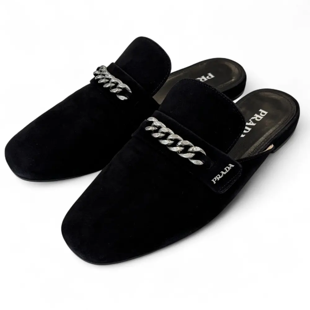 PRADA プラダ スエードレザー チェーン装飾 フラット ミュール サンダル 1D530L 37 23cm程度 ブラック