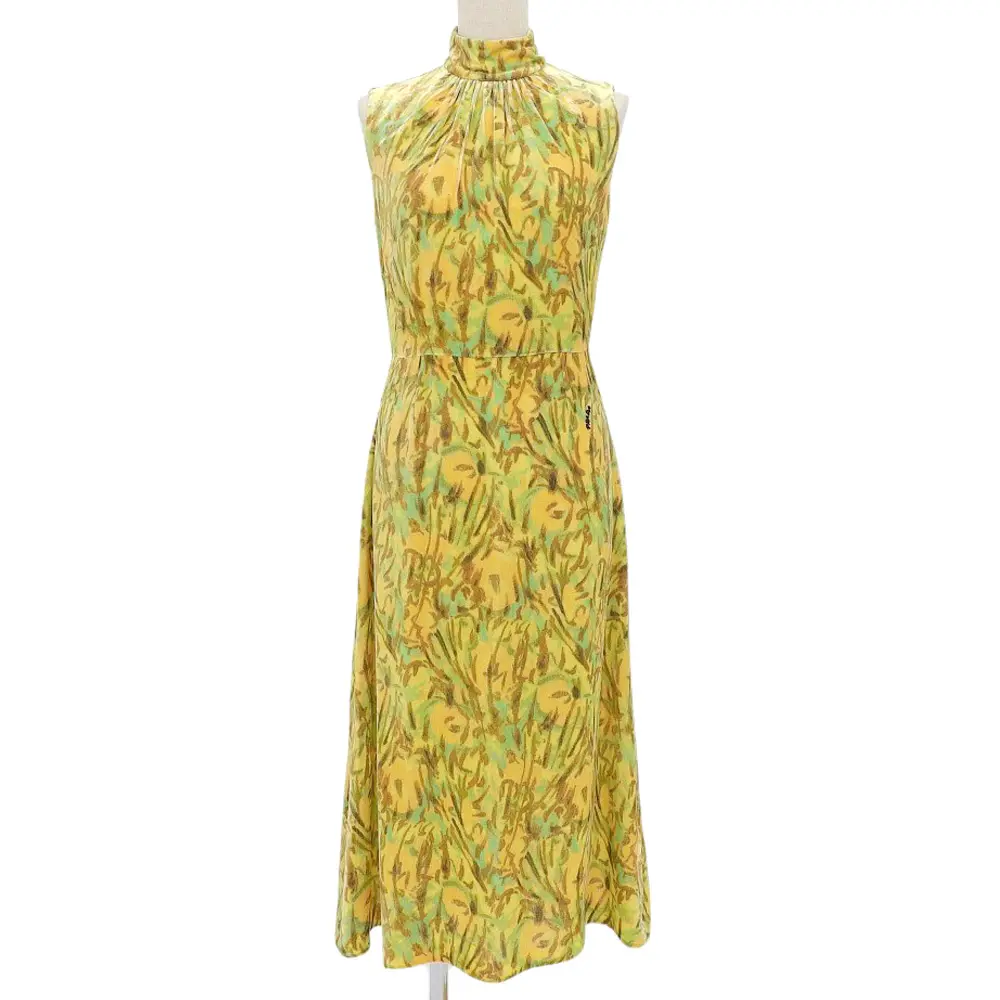 PRADA プラダ 総柄 シルクブレンド ノースリーブ ベルベットワンピース サイズ36 イエロー