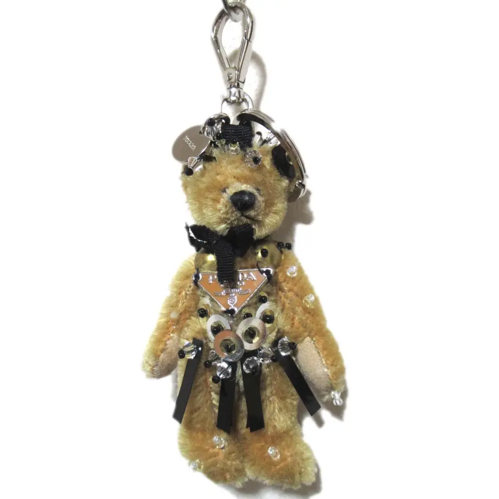 PRADA プラダ トライアングルロゴプレート ビーズ装飾 テディベア くま キーホルダー チャーム キャメル系
