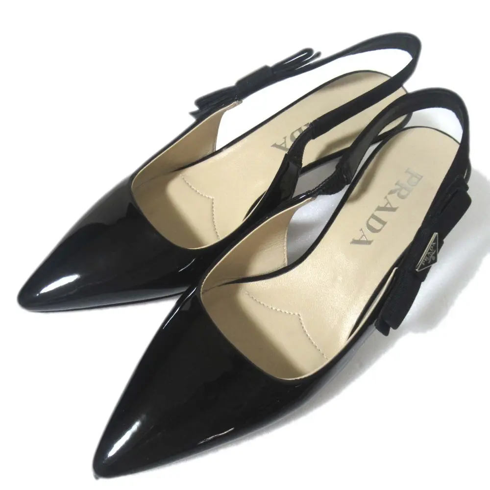 PRADA プラダ パテントレザー トライアングルロゴプレート スリングバック ミュール サイズ34 約21cm ブラック