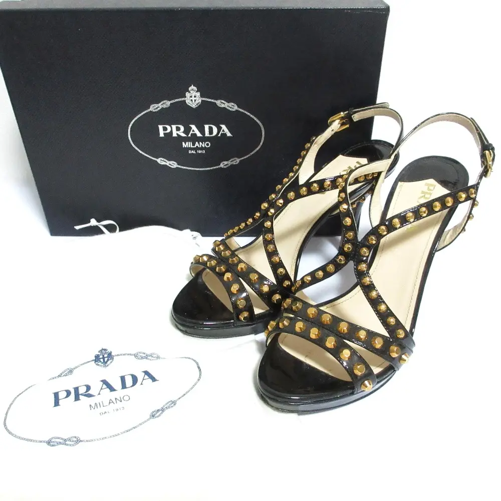 PRADA プラダ スタッズ エナメル バックストラップ ピンヒール サンダル 37 23.5cm相当 ブラック ゴールド金具