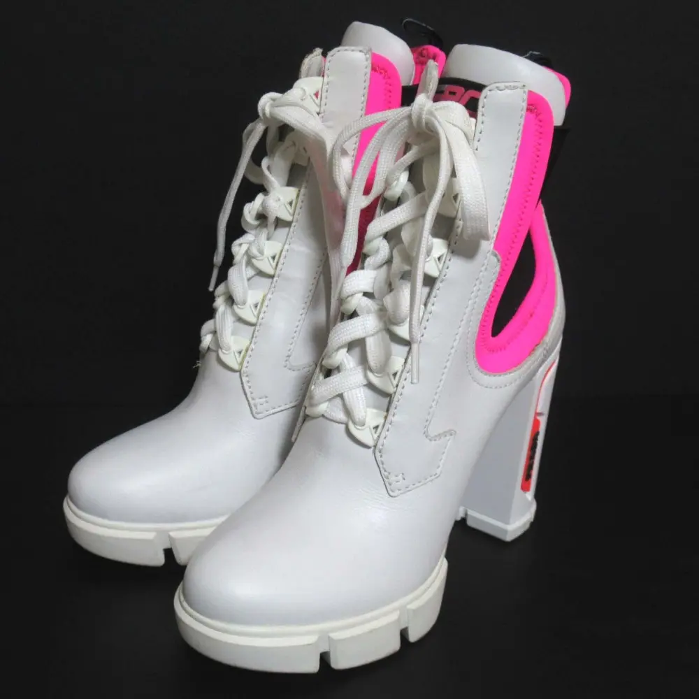 PRADA プラダ チャンキーヒール ハイヒール レースアップ ショートブーツ サイズ37.5 約24.5cm ホワイト×ピンク