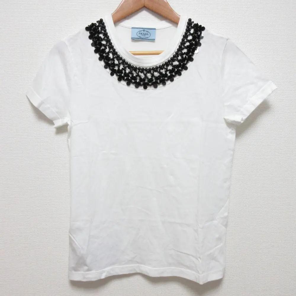PRADA プラダ ビジュー クルーネック 半袖 Tシャツ カットソー サイズM ホワイト