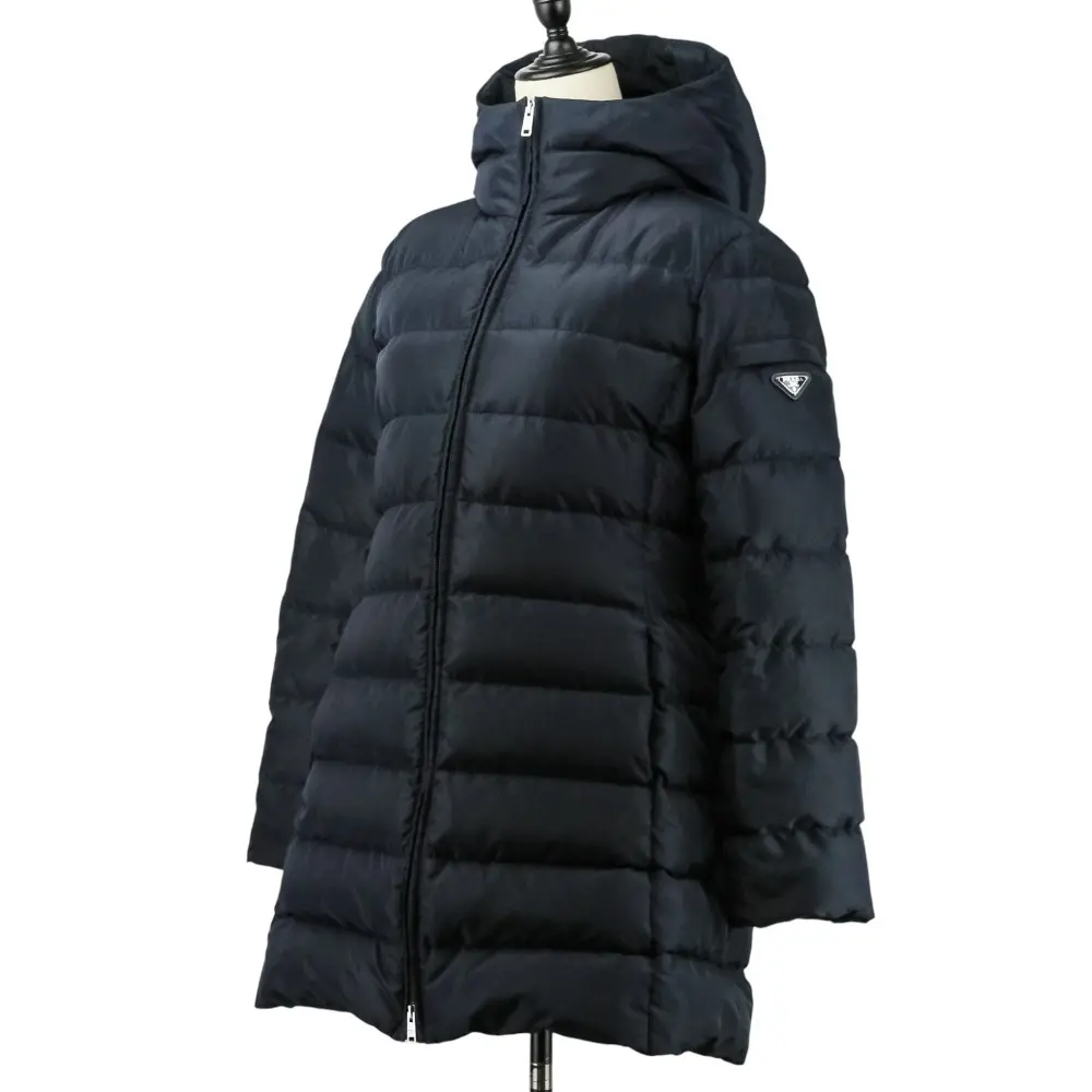 PRADA プラダ トライアングルロゴプレート フーデッド ロングダウンコート 42 ネイビー