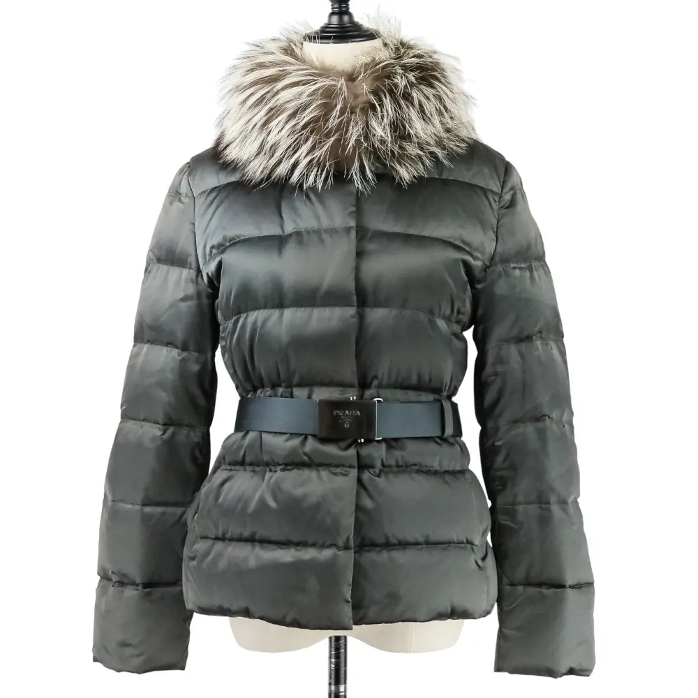 PRADA プラダ ベルト付き ブルーフォックスファー襟 ダウンジャケット 40 グレー