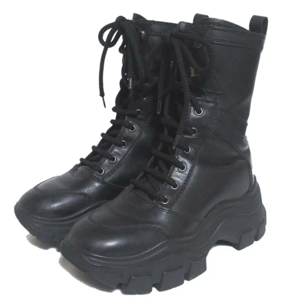 PRADA プラダ レザー 厚底 レースアップ ショートブーツ サイズ37.5 24.5cm ブラック