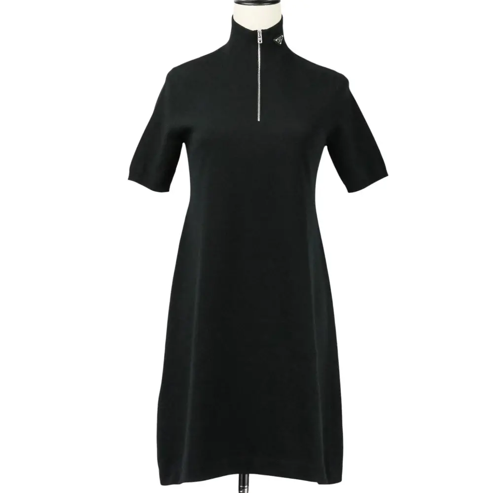 22AW PRADA プラダ トライアングルロゴプレート ハイネック ハーフジップ ワンピース サイズ38 ブラック
