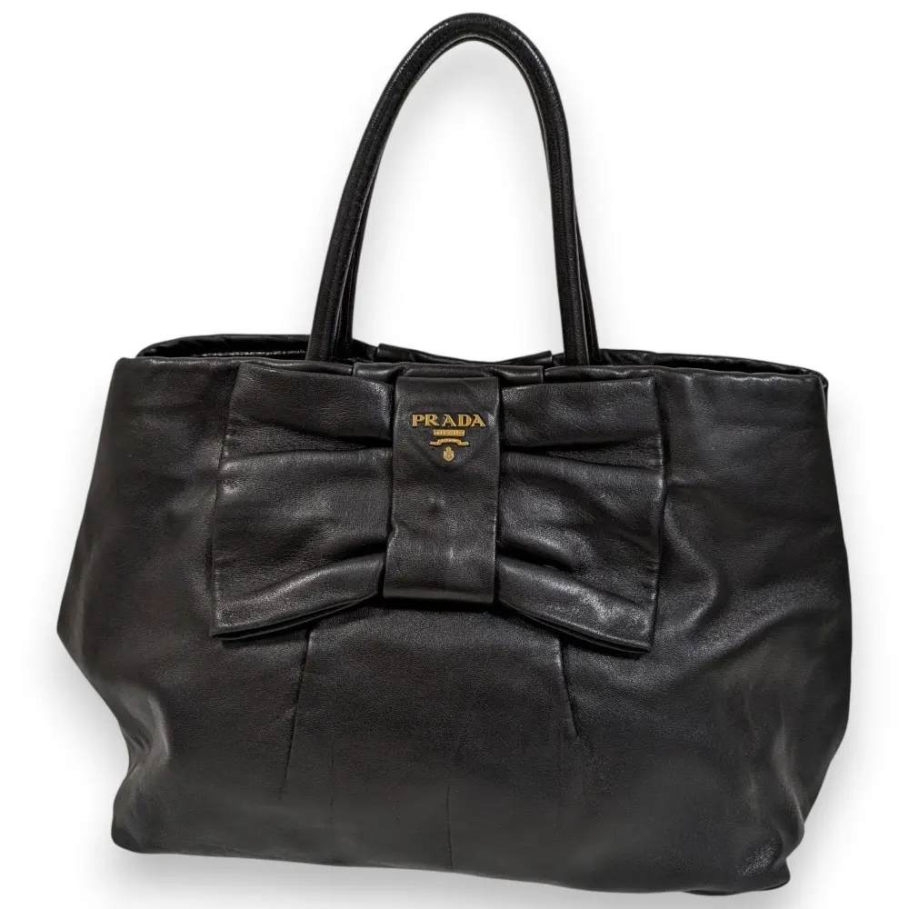 PRADA プラダ フィオッコ ボウ リボン レザートートバッグ ブラック