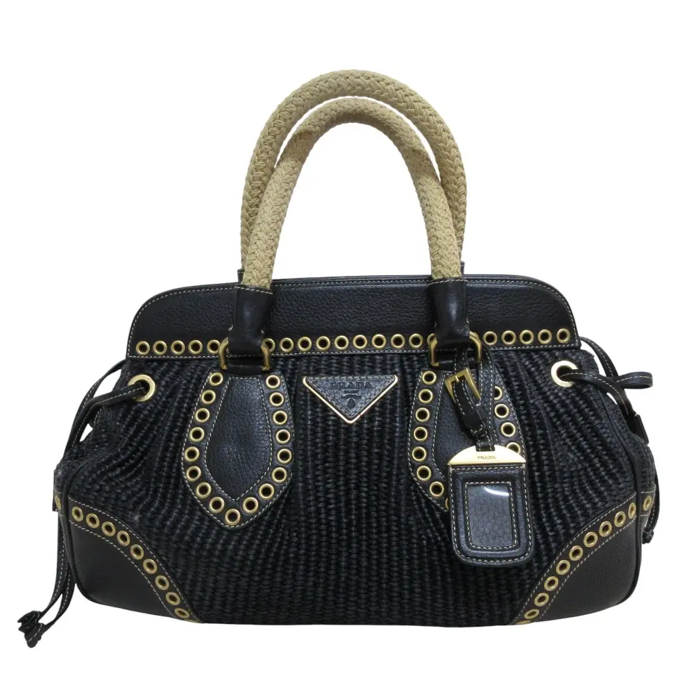 PRADA プラダ ラフィア ストロー レザーコンビ ハンドバッグ ショルダーバッグ ブラック ベージュ