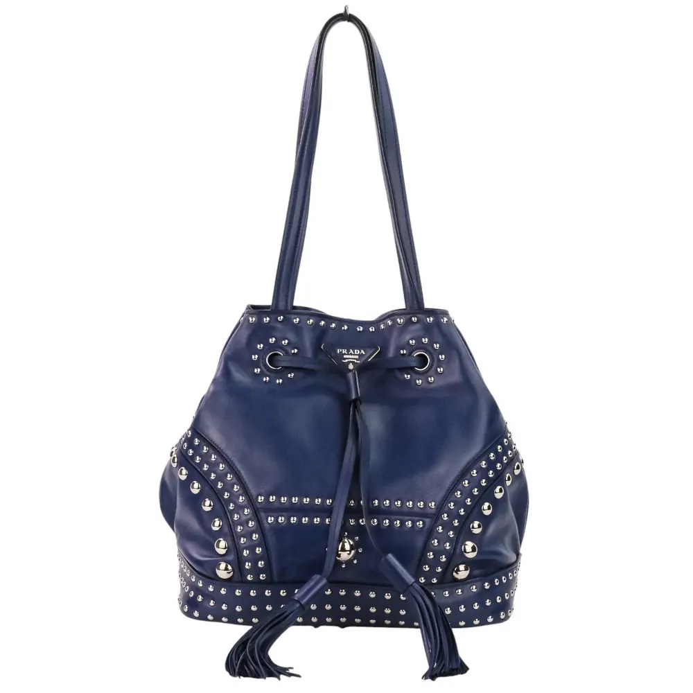 PRADA プラダ ソフトカーフレザー スタッズ タッセル 巾着 ドローストリング トートバッグ ワンショルダーバッグ B5061M ブルー