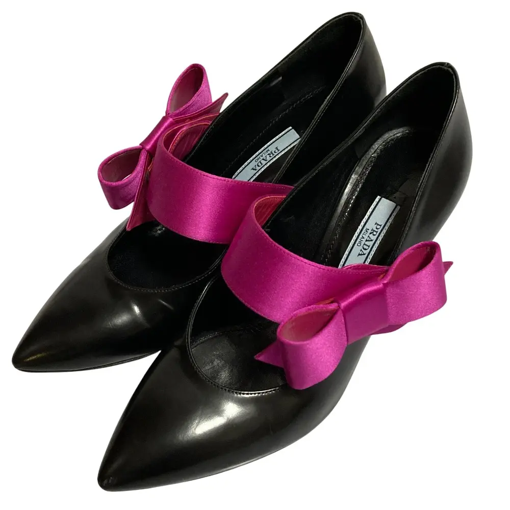 PRADA プラダ サテンリボン ビジューヒール パンプス サイズ36 1/2 23.5cm相当 ブラック パープル