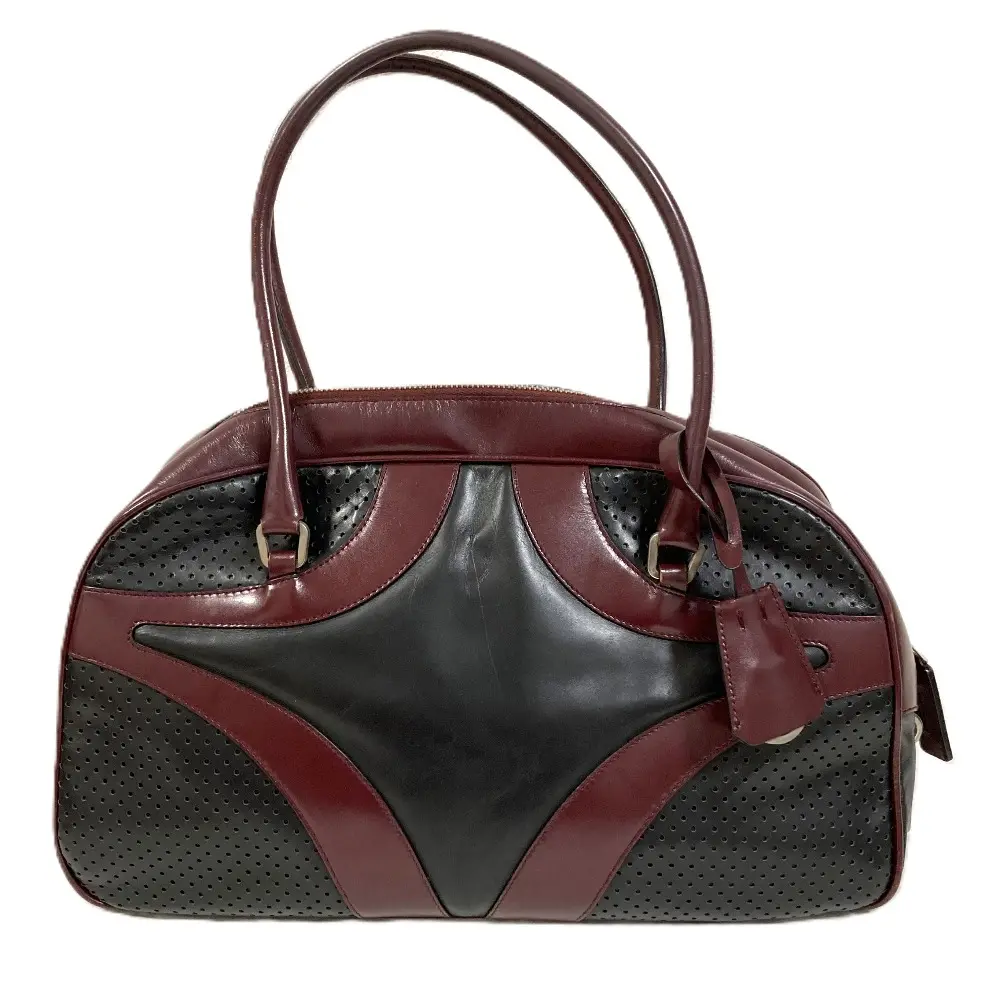 PRADA プラダ パンチングレザー ハンドル ボーリングバッグ ボストンバッグ ブラック ボルドー