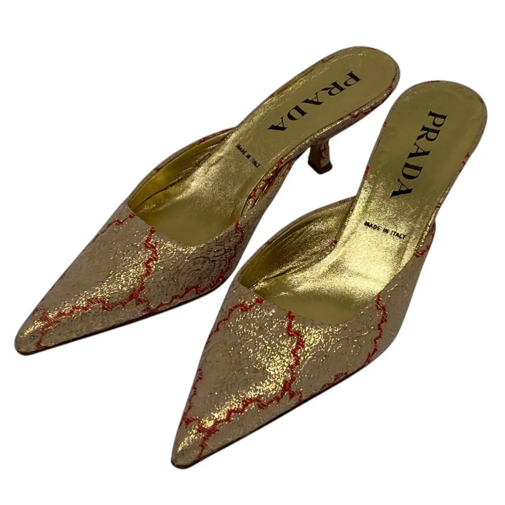 PRADA プラダ ラメジャガード ポインテッドトゥ ミュールサンダル サイズ35 1/2 22.5cm相当 ゴールドカラー系