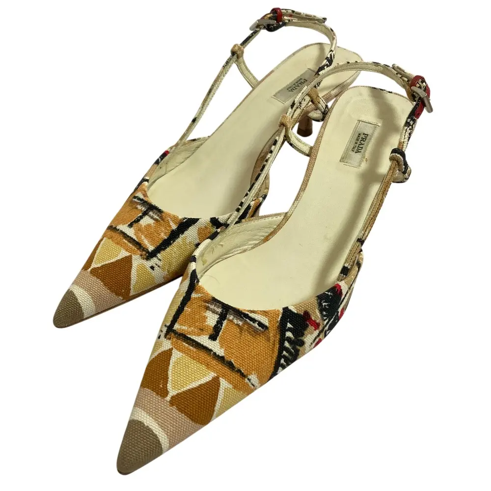 PRADA プラダ 総柄キャンバス スリングバックパンプス サイズ36 1/2 23.5cm相当 ベージュ系