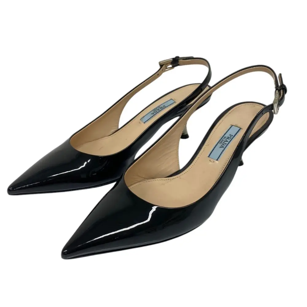 PRADA プラダ パテントレザー ポインテッドトゥ スリングバックパンプス サイズ34 1/2 21.5cm相当 ブラック
