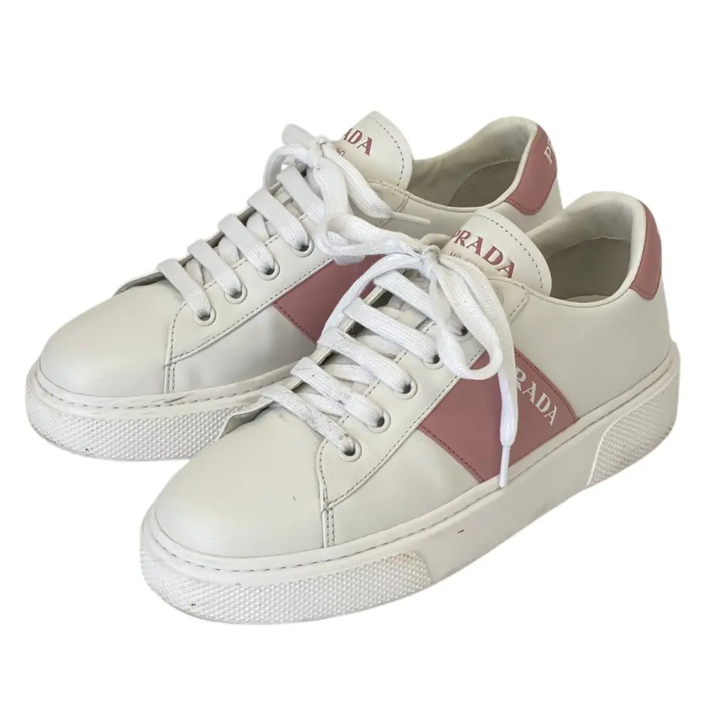 PRADA プラダ ロゴ レザー ローカットスニーカー 1E223M 37 24.0cm相当 ホワイト×ピンク