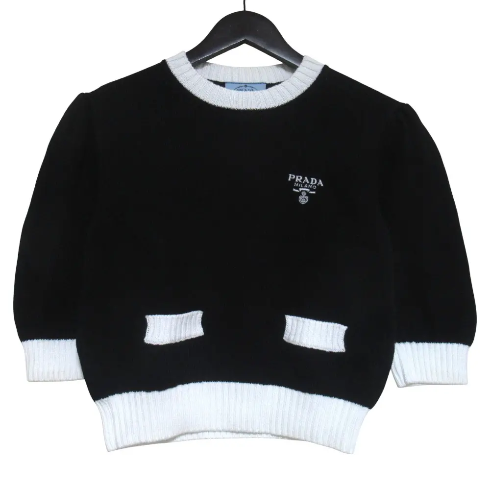 PRADA プラダ ロゴ刺繍 バイカラー クロップド 半袖 ニット セーター P24I1R サイズ38 165/76A ブラック×ホワイト