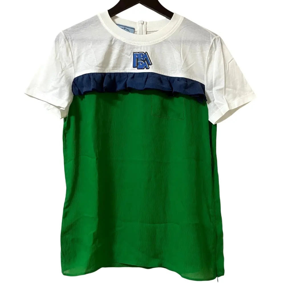 PRADA プラダ 2018年モデル 楊柳ドッキング ラバーロゴワッペン 半袖Tシャツ カットソー Mサイズ ホワイト グリーン