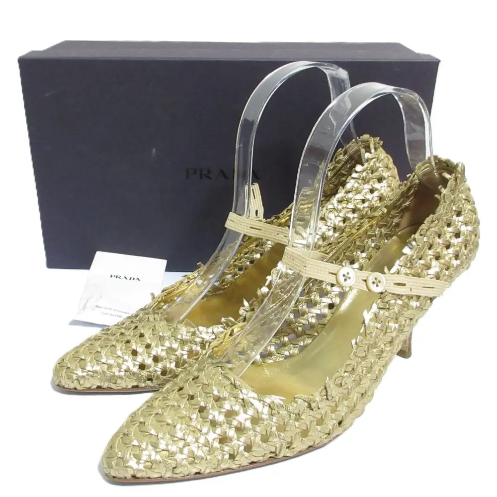 PRADA プラダ メタリック 編み込み メッシュ パンプス 37.5 24.5cm相当 ゴールドカラー