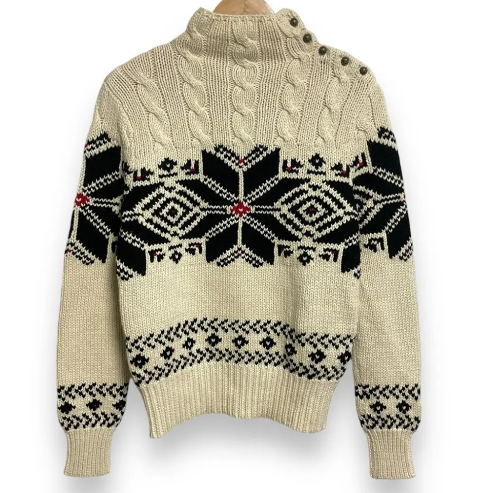 RALPH LAUREN ラルフローレン ノルディック柄 カシミヤブレンド モックネック ケーブルニット セーター M オフホワイト×ブラック