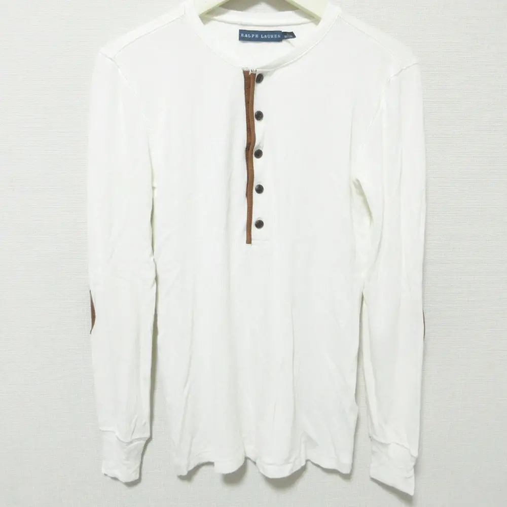 RALPH LAUREN ラルフローレン レザーエルボーパッチ ヘンリーネック リブニット カットソー S ホワイト×ブラウン