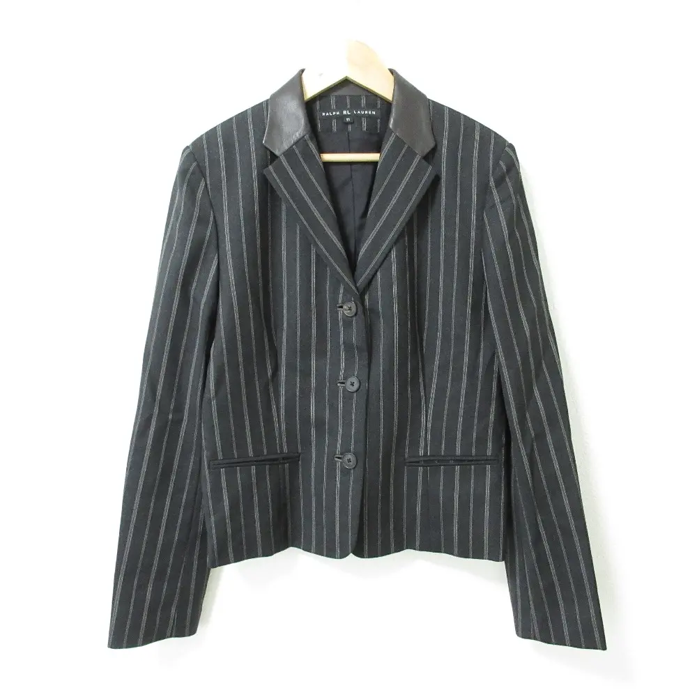 RALPH LAUREN ラルフローレン ストライプ柄 ラムレザーカラー 3B シングル テーラードジャケット 11号 グレー系