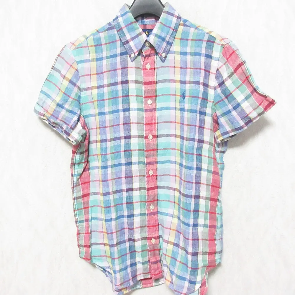 RALPH LAUREN ラルフローレン リネン100％ チェック柄 ショートスリーブ 半袖 ボタンダウン BDシャツ ブラウス S マルチカラー