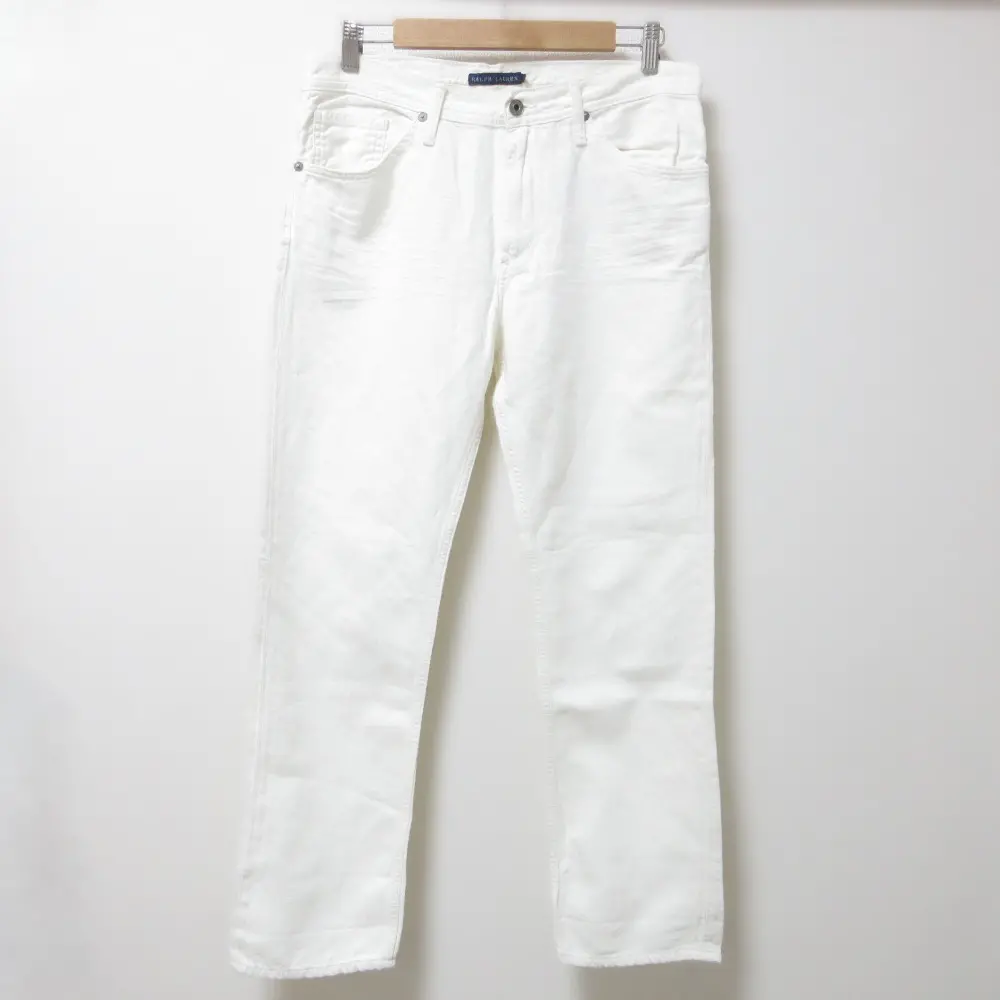 RALPH LAUREN ラルフローレン コットン×リネン レザーパッチ ストレート デニムパンツ ジーンズ W28 アイボリー