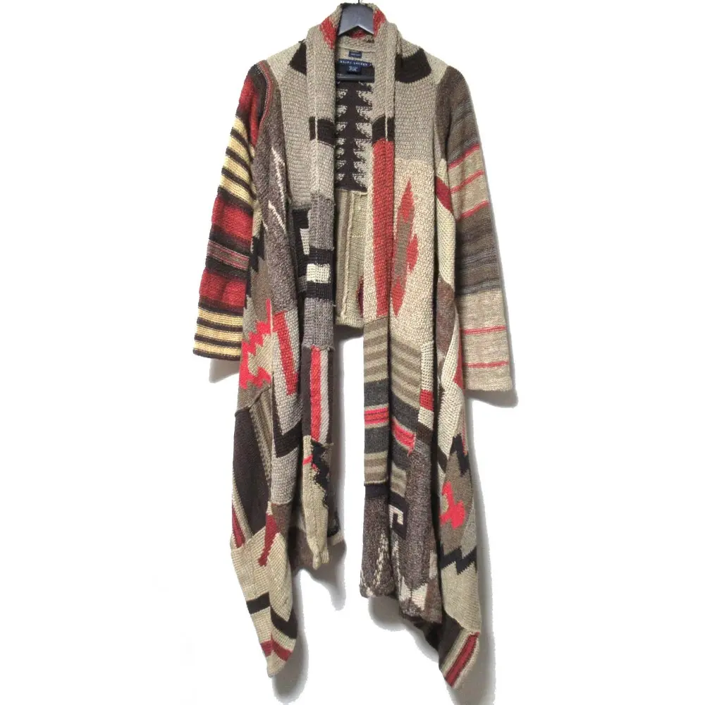 RALPH LAUREN ラルフローレン ネイティブ柄 シルクリネン オープンフロント ハンドニット カーディガン SSRLLA2036 Lサイズ