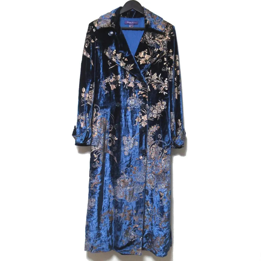 RALPH LAUREN PURPLE LABEL ラルフローレン パープルレーベル フラワー柄 プリント ダブル ベルベット ロングコート 0サイズ ネイビー