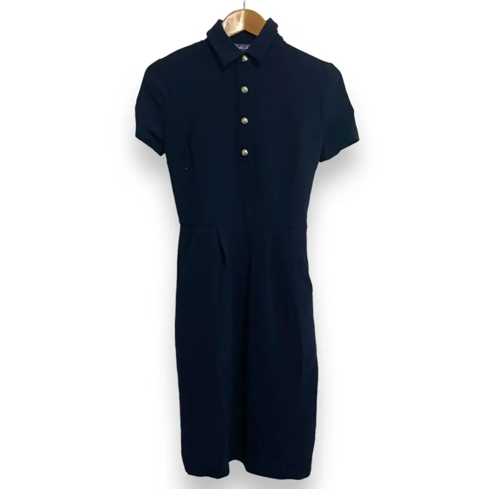 22SS Ralph Lauren ラルフローレン パープルレーベル 金ボタン 半袖 ストレッチ ひざ下丈 ニットポロワンピース 00 ネイビー