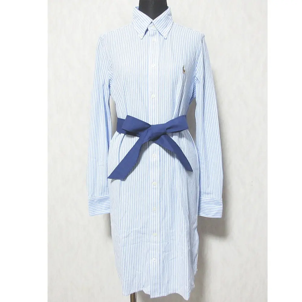 RALPH LAUREN ラルフローレン KNIT OXFORD リボンベルト 長袖 ひざ丈 ボタンダウン BDシャツワンピース M ライトブルー