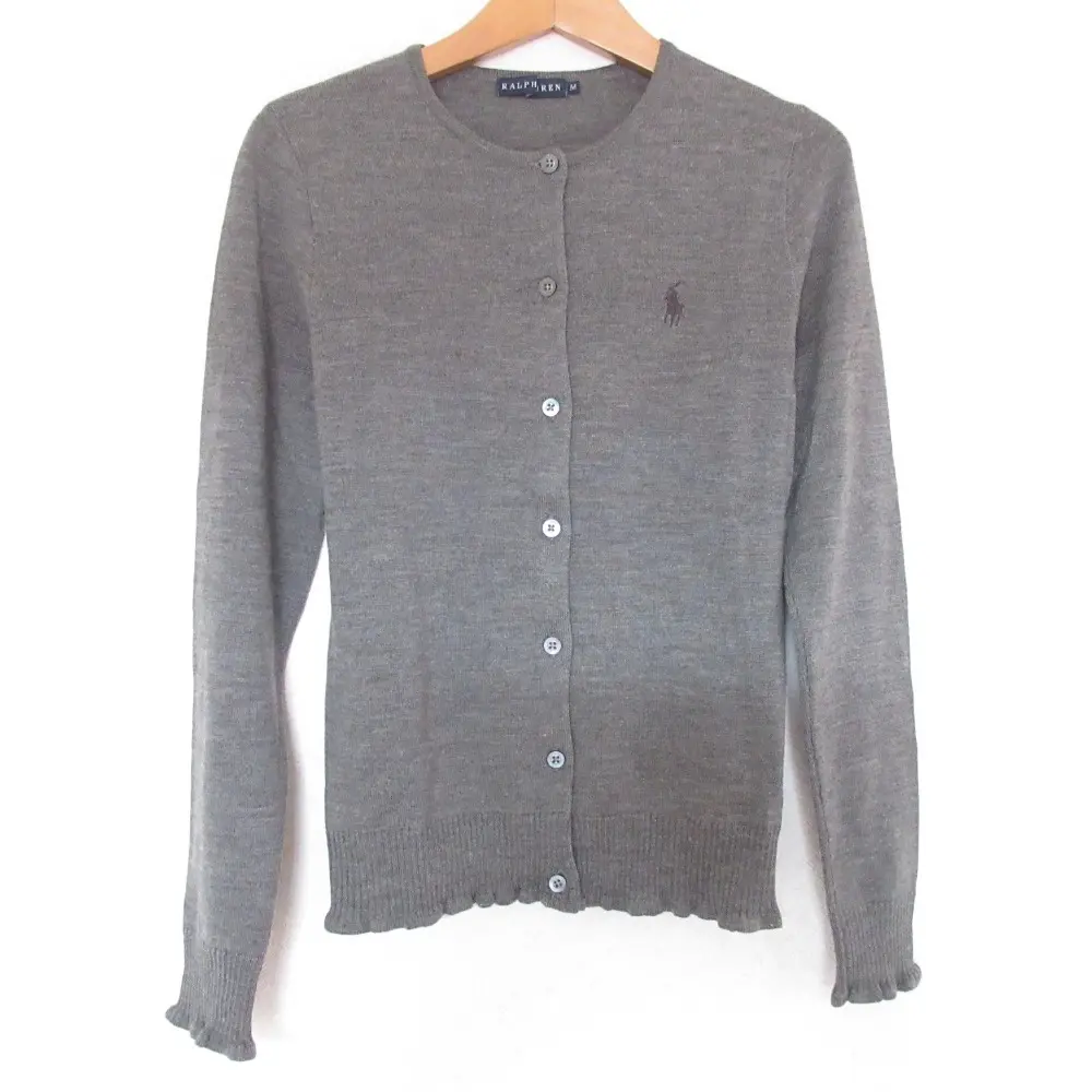Ralph Lauren ラルフローレン ポニー刺繡 長袖 クルーネック フリル ニット カーディガン M グレー