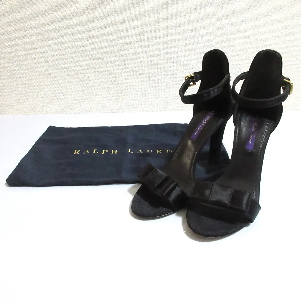 RALPH LAUREN ラルフローレンパープルレーベル サテン リボン ハイヒール ストラップ サンダル 39.5 26cm～26.5cm ブラック