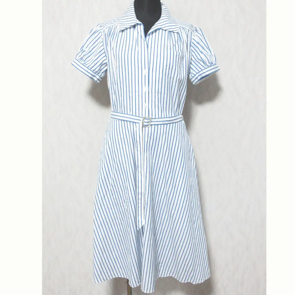 RALPH LAUREN ラルフローレン ストライプ柄 半袖 ひざ丈 ベルテッド シャツワンピース 9 ホワイト×ブルー