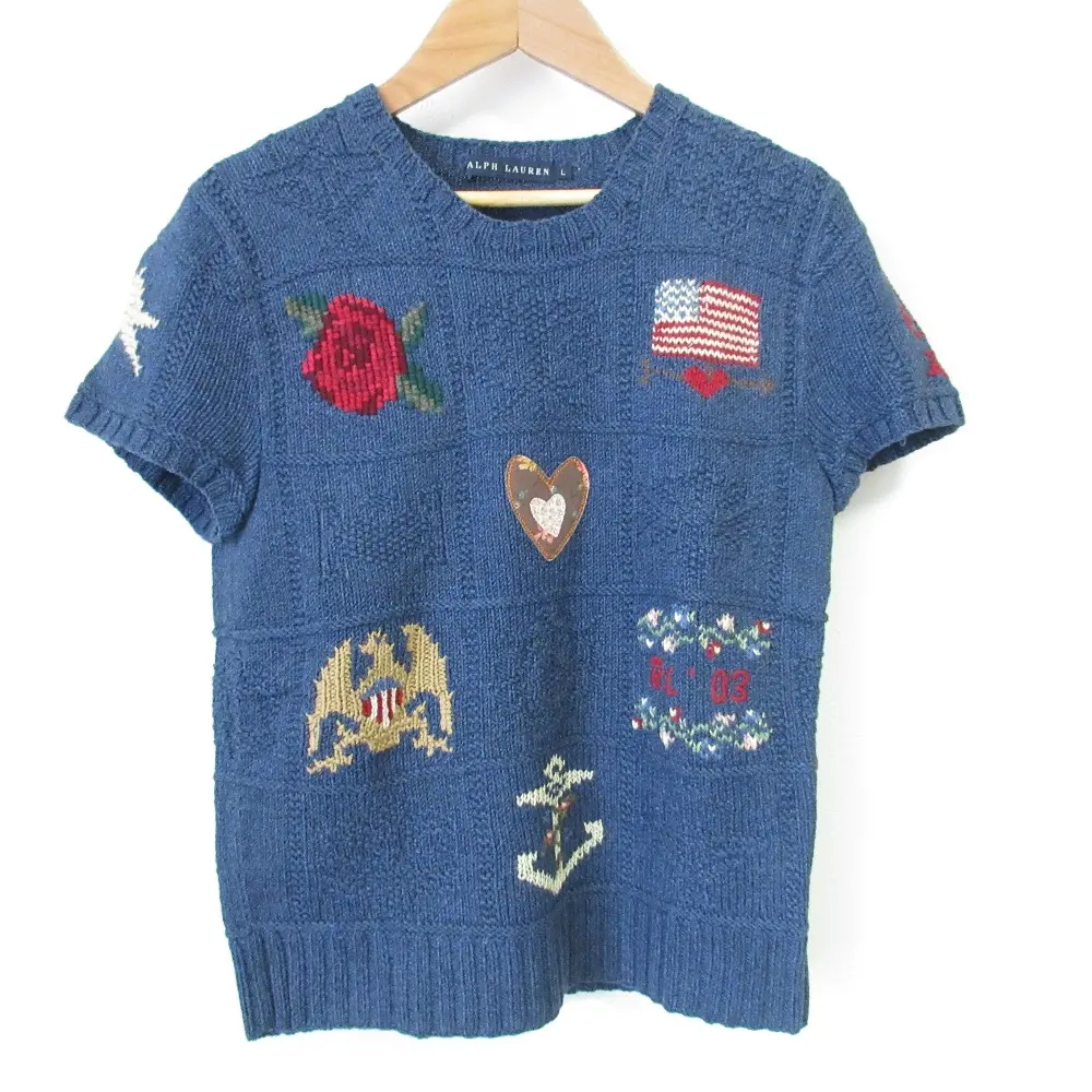 90's RALPH LAUREN ラルフローレン ヴィンテージ パッチワーク風 ショートスリーブ サマーニット セーター L ブルー