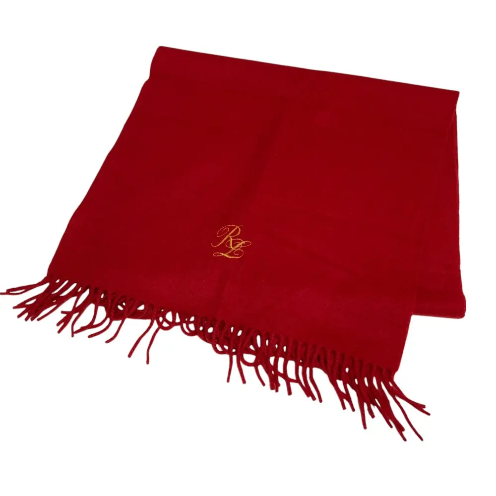 RALPH LAUREN ラルフローレン カシミヤ ロゴ刺繍 フリンジ マフラー レッド