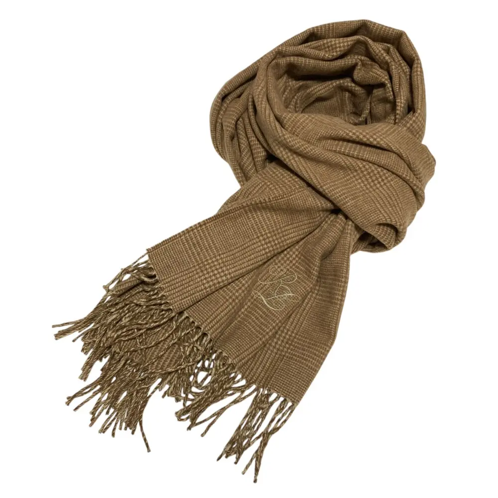 RALPH LAUREN ラルフローレン グレンチェック柄 刺繍 カシミヤ100% 大判マフラー ショール ブラウン