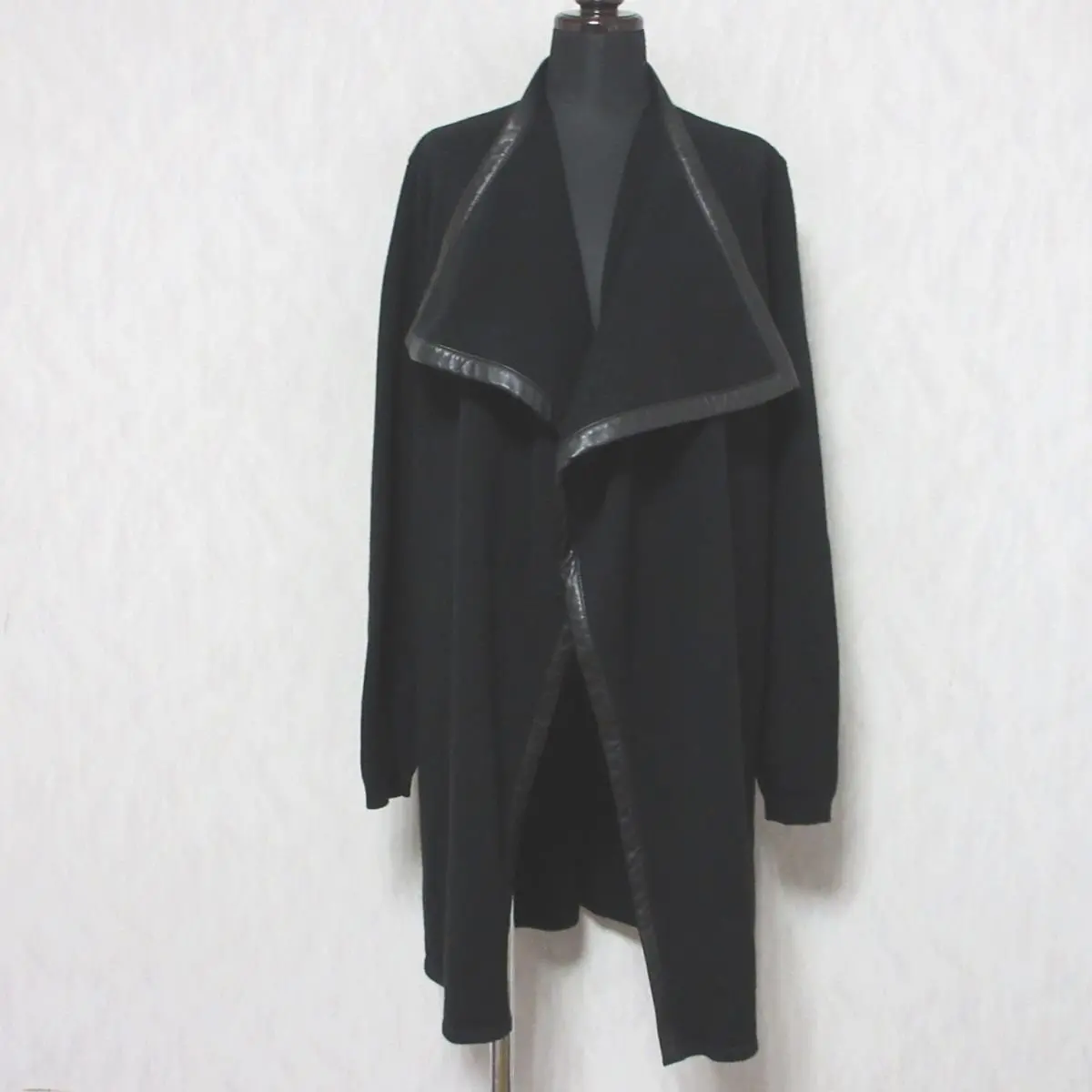 RALPH LAUREN ラルフローレン ブラックレーベル レザーパイピング オープンフロント ニットコート ジャケット M ブラック