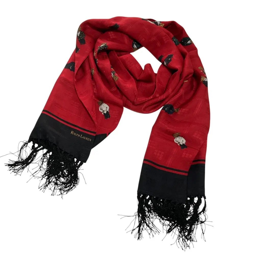 RALPH LAUREN ラルフローレン ポロベア シルク100％ フリンジ ストール マフラー レッド系