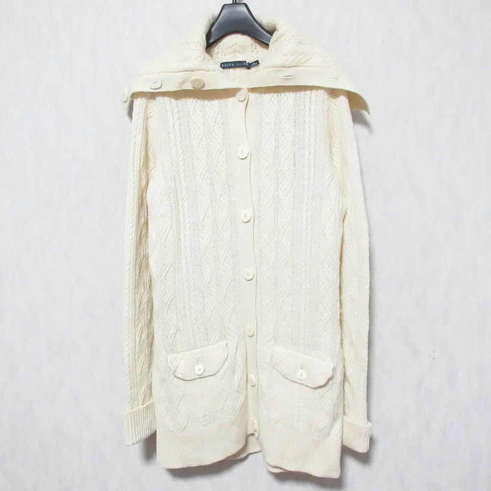 RALPH LAUREN ラルフローレン カシミヤブレンド ビッグカラー ケーブルニット カーディガン ジャケット M アイボリー