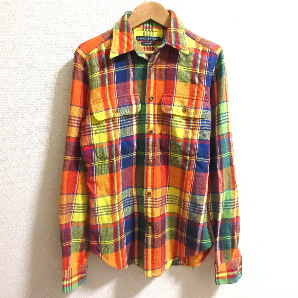 RALPH LAUREN ラルフローレン コットン 長袖 エルボーパッチ チェック柄 ネルシャツ サイズS オレンジ