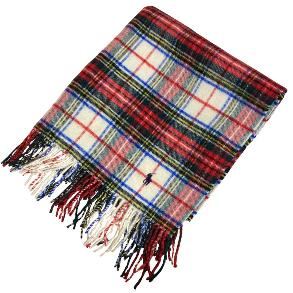 RALPH LAUREN ラルフローレン チェック ウール フリンジ 大判 ストール マフラー レッド系 マルチカラー