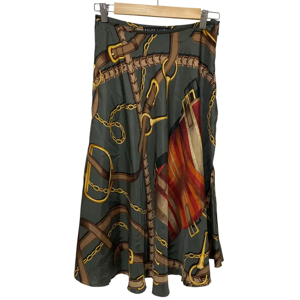 RALPH LAUREN ラルフローレン ブラックレーベル シルク100％ スカーフ柄 ミディスカート サイズ2 カーキ