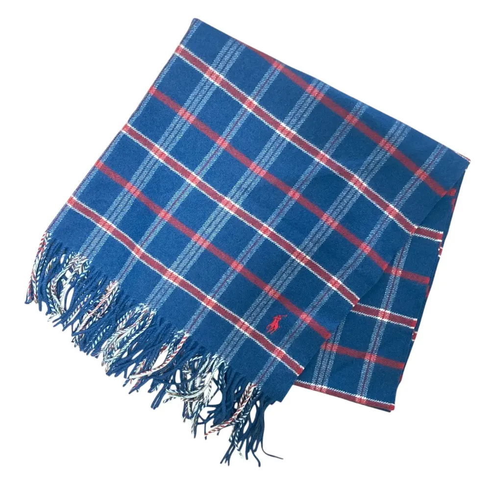 RALPH LAUREN ラルフローレン チェック柄 フリンジ ストール ひざ掛け 75cm×170cm ブルー